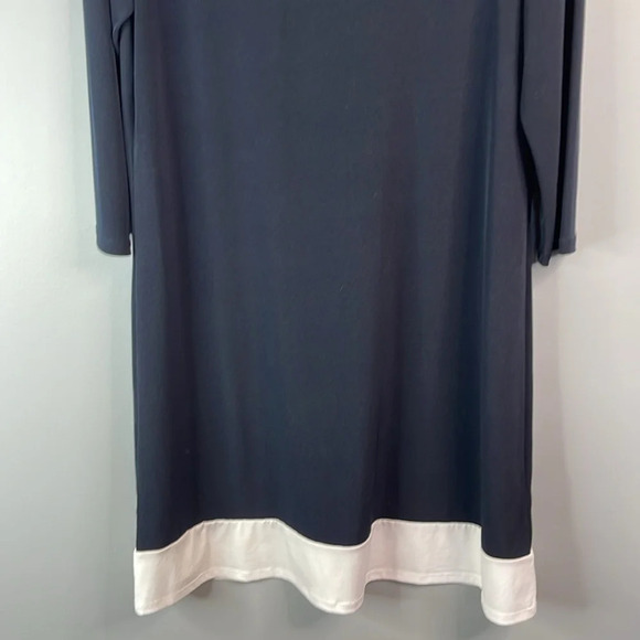 TAHARI Midnight Navy Blue Midi Shift Dress Bateau Neck White Trim 3/4 Sleeves L - Picture 4 of 11